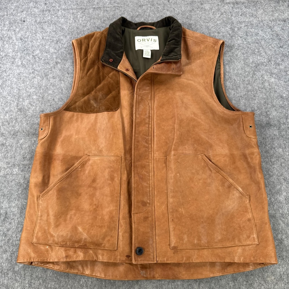 Orvis Vest Mens XL Brown Leather Quilted Shooting Hunting Field Outdoor 1P7X